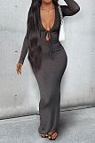 XS Low Cut Deep V Long Sleeve Bodycon Maxi Dress RS-0001