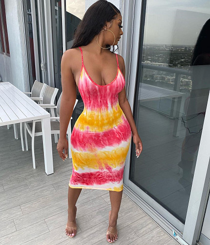 Tie Dye Print Spaghetti Strap Backless Bodycon Dress SMD-23008