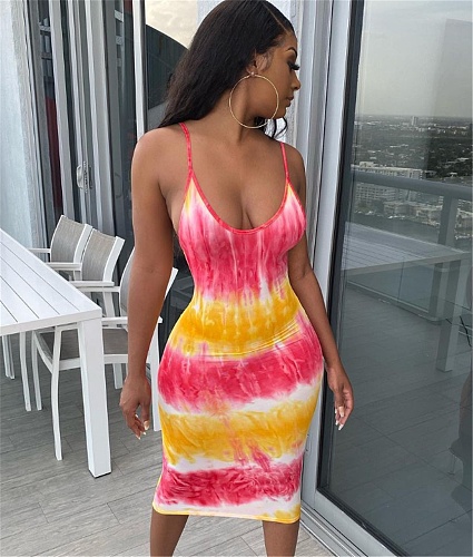 Tie Dye Print Spaghetti Strap Backless Bodycon Dress SMD-23008