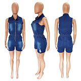 Zipper Turn Down Collar Sleeveless Denim Romper LX-6957