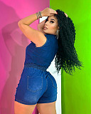 Zipper Turn Down Collar Sleeveless Denim Romper LX-6957