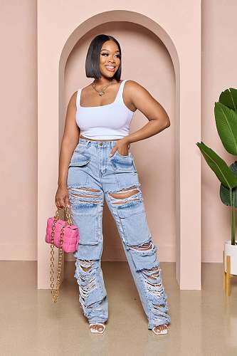 Streetwear Ripped Holes Loose Wide Leg Jeans LX-5536