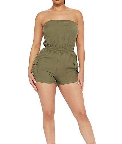 Solid Color Strapless High Waist Cargo Rompers ASL-6679