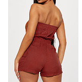 Solid Color Strapless High Waist Cargo Rompers ASL-6679