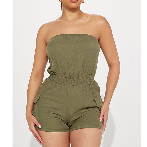 Solid Color Strapless High Waist Cargo Rompers ASL-6679