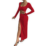 Sexy U-neck Hollow-out Split Maxi Dresses JX5667