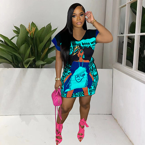 Cartoon Print V Neck T-Shirt Dresses MTY-6728