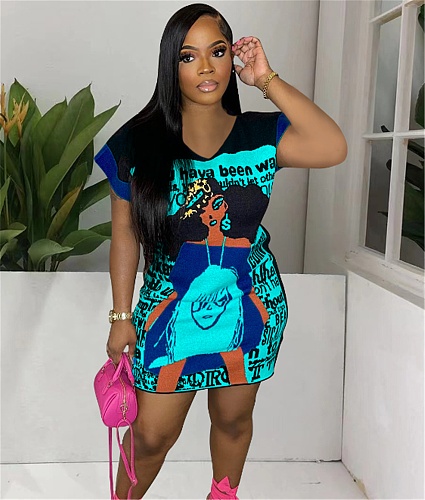 Cartoon Print V Neck T-Shirt Dresses MTY-6728