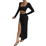 Sexy U-neck Hollow-out Split Maxi Dresses JX5667