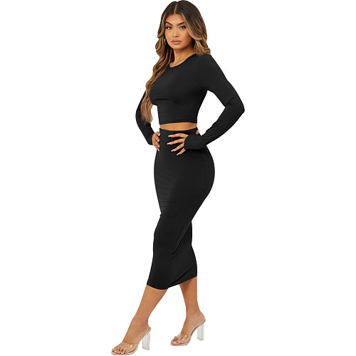 Solid Color Long Sleeve Tight Maxi Skirt Sets JX5662