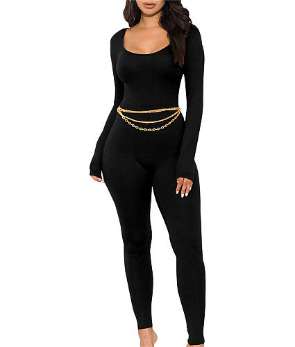 Pure Colo Women U-neck Long Sleeves Tight Jumpsuit JX5634