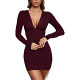 Sexy Solid Color Deep-v Folds Short Dresses JX5630