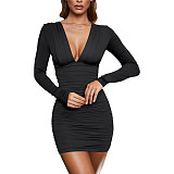 Sexy Solid Color Deep-v Folds Short Dresses JX5630