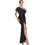 Elegant Ladies Flounce One Shoulder Split Maxi Dress JX5558