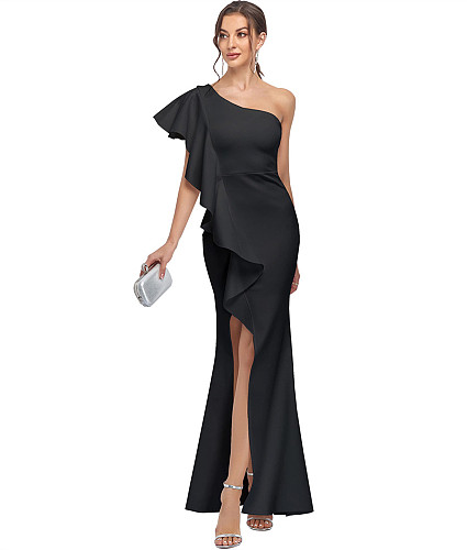 Elegant Ladies Flounce One Shoulder Split Maxi Dress JX5558