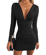 Sexy Solid Color Deep-v Folds Short Dresses JX5630