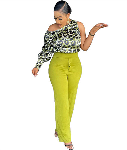 Fashion Leopard Oblique Shoulder Women Tops ANN6091