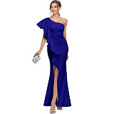 Elegant Ladies Flounce One Shoulder Split Maxi Dress JX5558