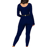 Pure Colo Women U-neck Long Sleeves Tight Jumpsuit JX5634