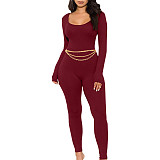 Pure Colo Women U-neck Long Sleeves Tight Jumpsuit JX5634