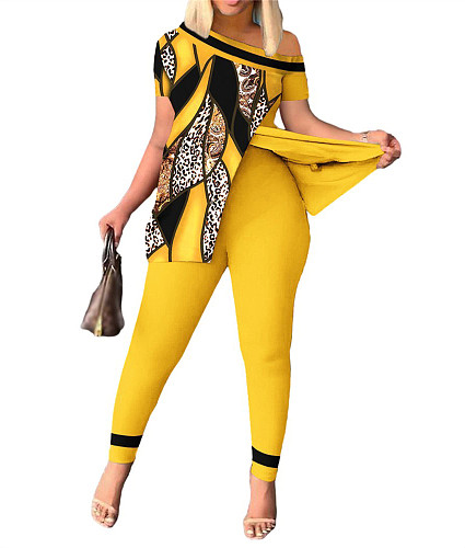 Fashion Leopard Prints Split Tops with Bodycon Pants 2 Pieces Set SHD-9620