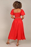 Women U-neck Lantern Sleeve Crop Top with Length Skirts OLN-6043