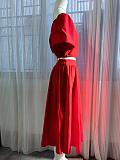 Women U-neck Lantern Sleeve Crop Top with Length Skirts OLN-6043