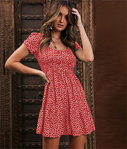 Women Bubble Sleeve Polka Dots Pleated Short Dress OLN-1007