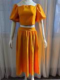 Women U-neck Lantern Sleeve Crop Top with Length Skirts OLN-6043