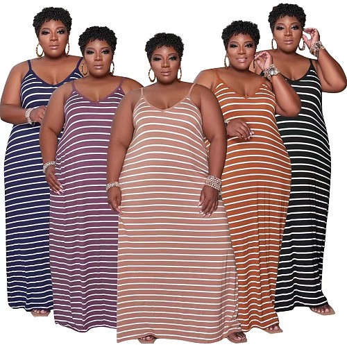 Large Size 5XL Straps Stripes Loose Long Dresses OQ-0185
