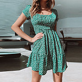 Women Bubble Sleeve Polka Dots Pleated Short Dress OLN-1007