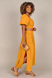 Women U-neck Lantern Sleeve Crop Top with Length Skirts OLN-6043