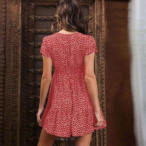 Women Bubble Sleeve Polka Dots Pleated Short Dress OLN-1007