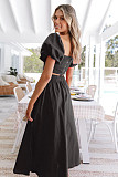 Women U-neck Lantern Sleeve Crop Top with Length Skirts OLN-6043
