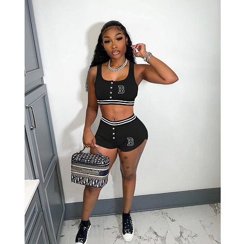 Women Sporty B Letter Vest with Shorts 2 Piece Sets OQ-0188