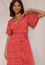 Women Point Print V-neck Irregular Split Maxi Dress OLN-1134