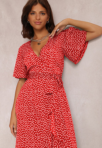 Women Point Print V-neck Irregular Split Maxi Dress OLN-1134