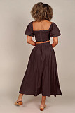 Women U-neck Lantern Sleeve Crop Top with Length Skirts OLN-6043