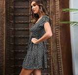 Women Bubble Sleeve Polka Dots Pleated Short Dress OLN-1007