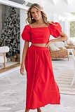Women U-neck Lantern Sleeve Crop Top with Length Skirts OLN-6043