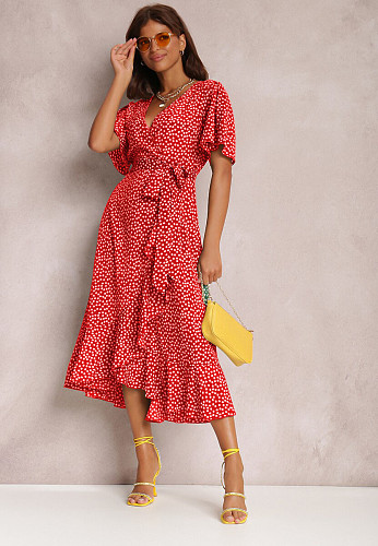 Women Point Print V-neck Irregular Split Maxi Dress OLN-1134