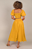 Women U-neck Lantern Sleeve Crop Top with Length Skirts OLN-6043