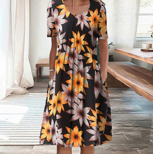 Fashion Print Short Sleeve Round Neck Hem Midi Dresses OLN-9834