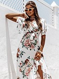 Trendy Print V-neck Lace-up Flounced Irregular Maxi Dress OLN-1147