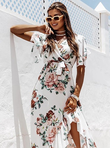 Trendy Print V-neck Lace-up Flounced Irregular Maxi Dress OLN-1147