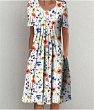Fashion Print Short Sleeve Round Neck Hem Midi Dresses OLN-9834