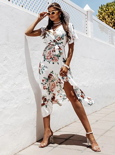 Trendy Print V-neck Lace-up Flounced Irregular Maxi Dress OLN-1147