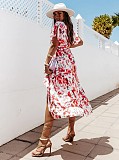 Trendy Print V-neck Lace-up Flounced Irregular Maxi Dress OLN-1147