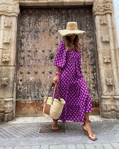 Trendy Printed Bubble-sleeves Slim Maxi Dresses OLN-2222