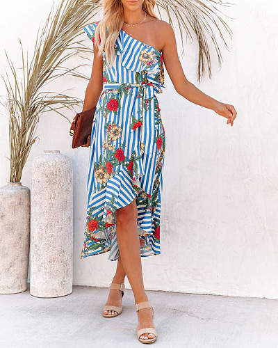 Sexy One-shoulder Irregular Midi Print Dress OLN-1130
